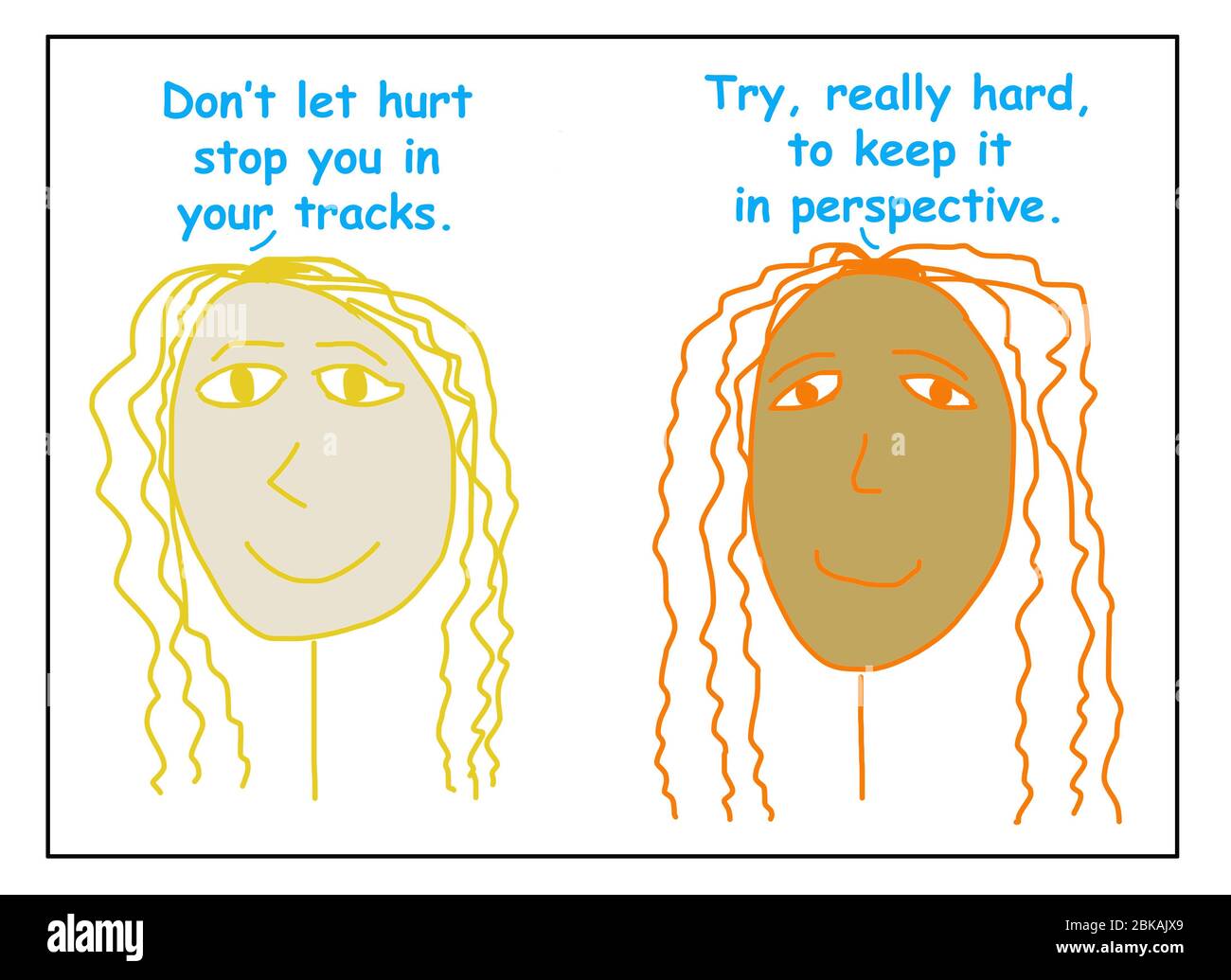 Farbe Cartoon von zwei lächelnden, ethnisch unterschiedlichen Frauen sagen, dass weh Sie in Ihren Tracks stoppen kann, so versuchen, es in der Perspektive zu halten. Stockfoto