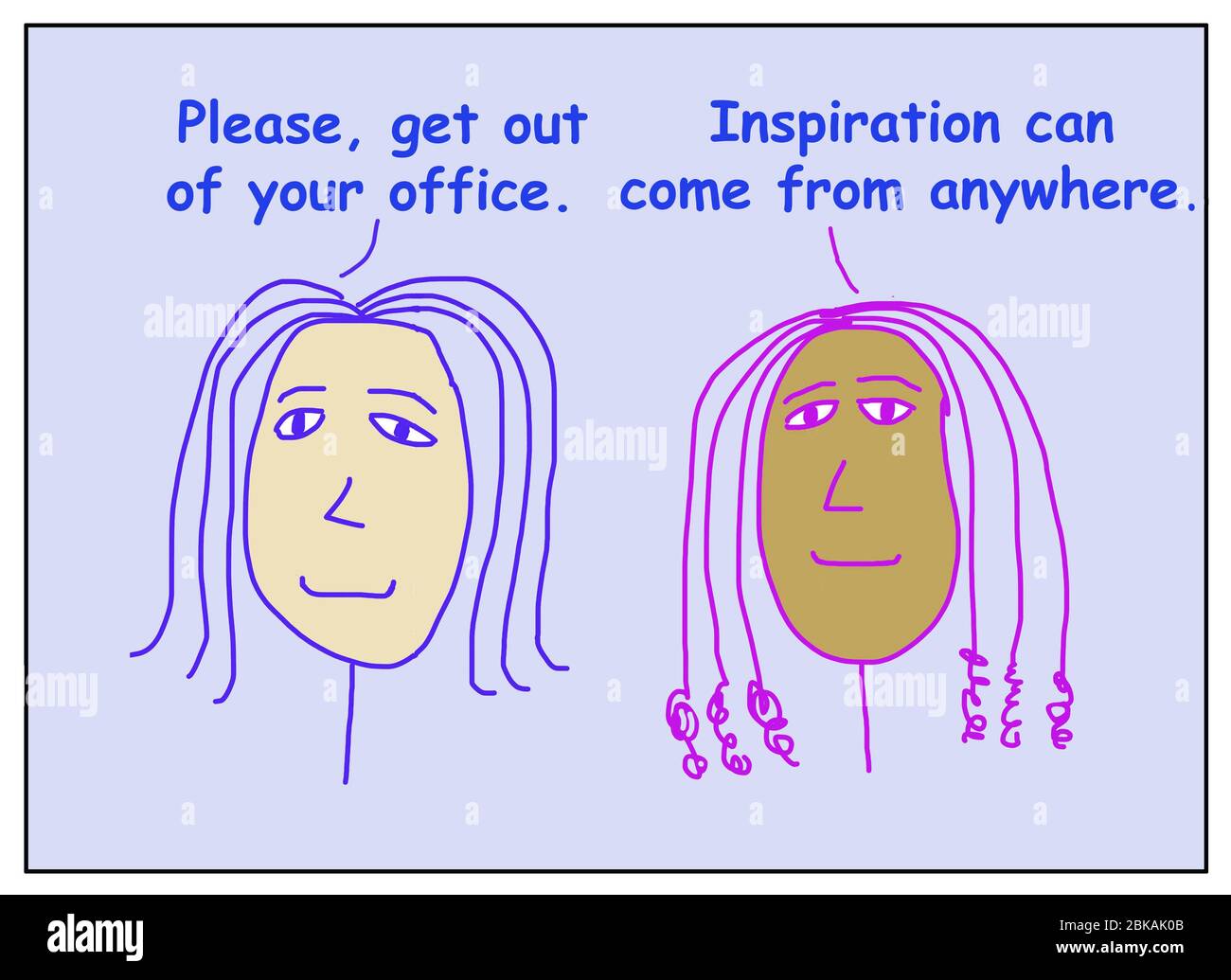 Farbe Cartoon von zwei lächelnden, ethnisch vielfältigen Business-Frauen ermutigen Sie aus Ihrem Büro, dass Inspiration kann von überall kommen. Stockfoto
