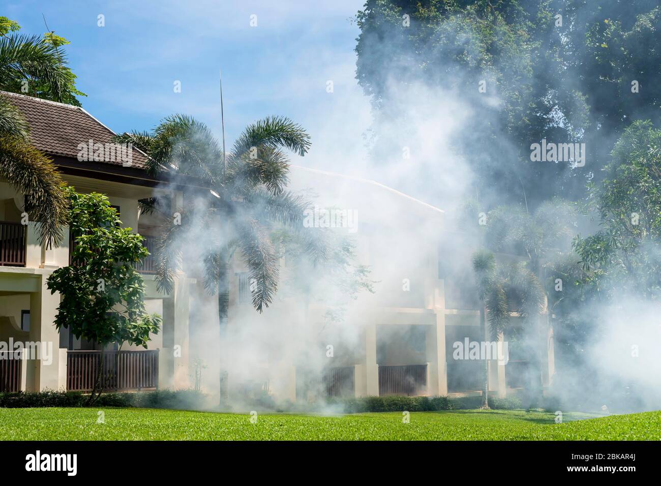 Ein Feuer auf dem Grundstück. Starker Rauch wabert aus dem Gebäude. Stockfoto
