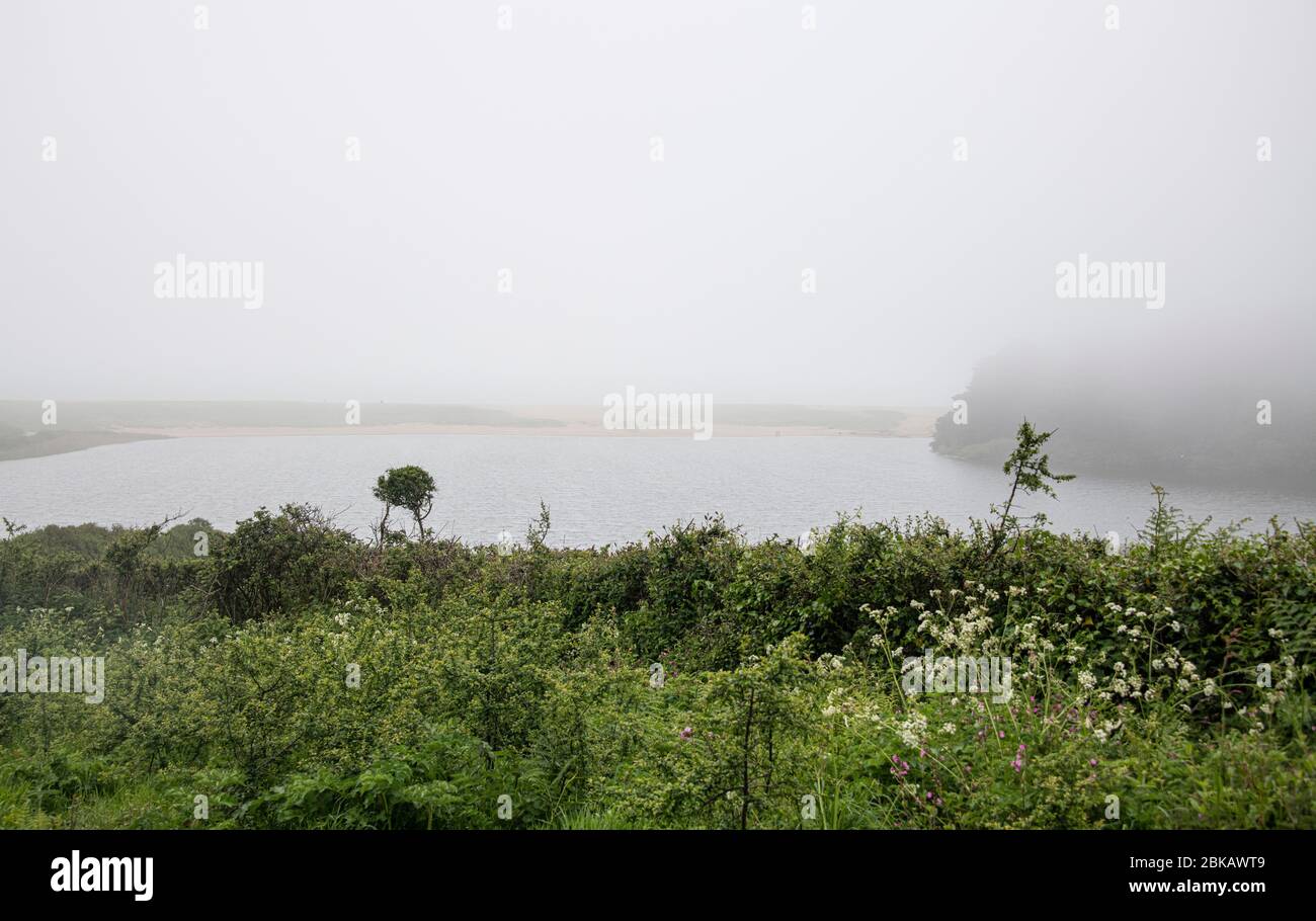 Loe Pool, Cornwall, Großbritannien. Mai 2020. UK Wetter Cornwalls größter natürlicher See, Loe Pool, bedeckt mit Meeresnebel 03-05-2020 Penrose ist eine Mischung aus fruchtbaren Ackerland und Wäldern rund um Cornwalls größten natürlichen See, Loe Pool. Kredit: kathleen White / Alamy Live News Stockfoto