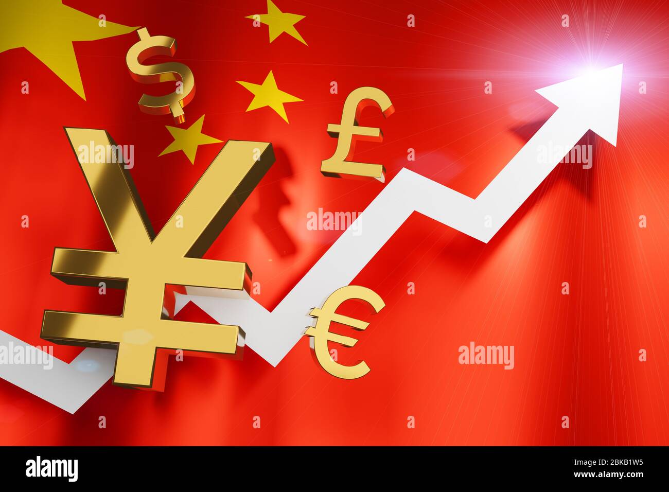 Chinesische Yuan Währung Geld Wechselkurs wachsen steigende Geschäft finanzielle nach Coronavirus Epidemie bestanden Konzept, 3D Rendering. Stockfoto