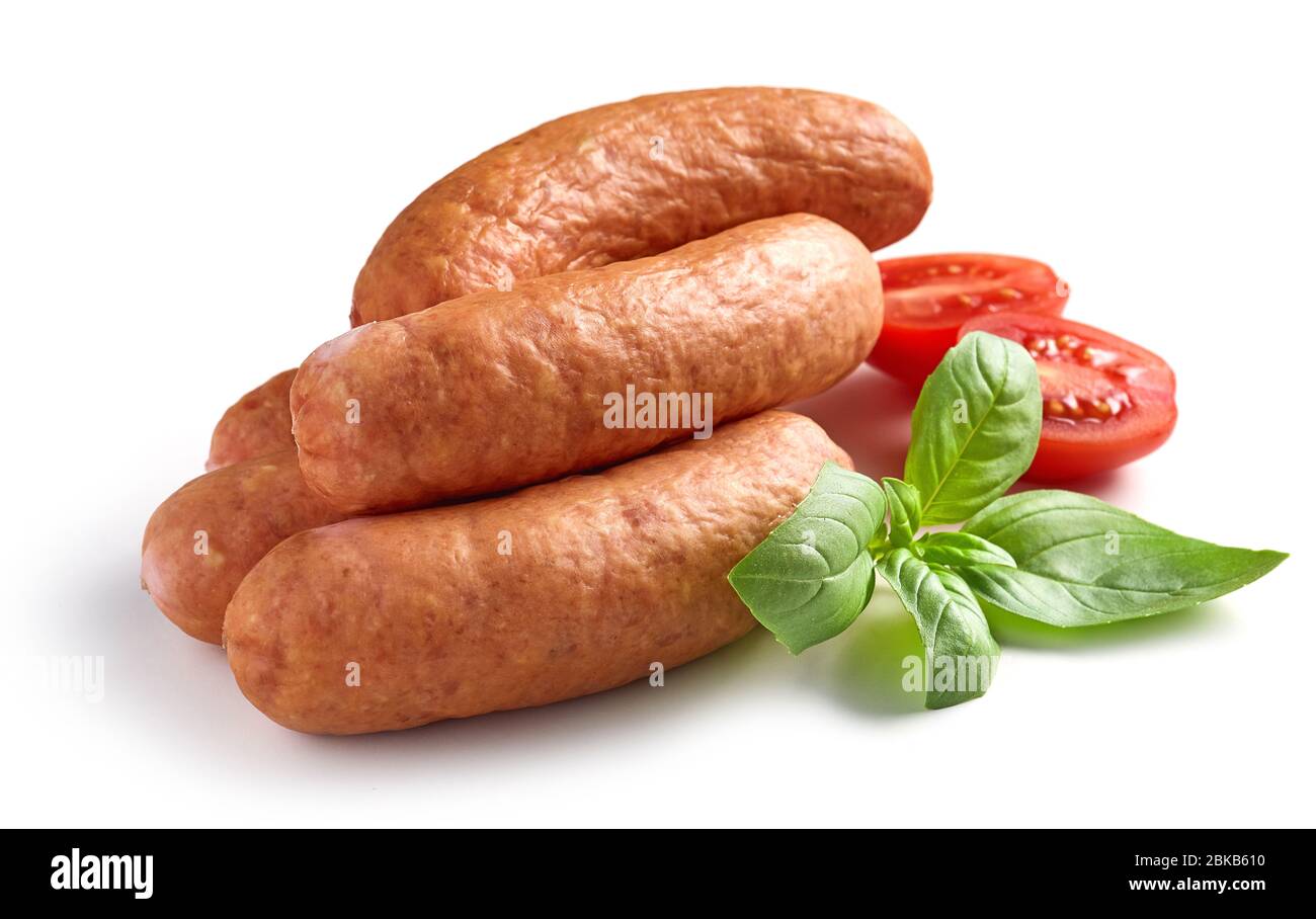 geräucherte Würste isoliert auf weißem Hintergrund Stockfoto