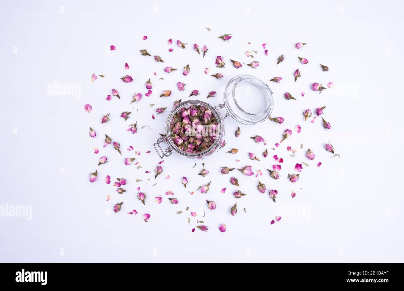 Trockene Rosenknospen für Tee auf weißem Hintergrund. Stockfoto