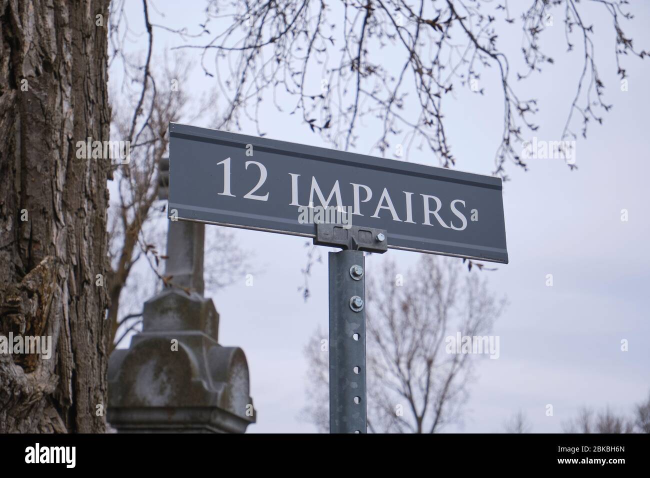 Alley Schild in einem Friedhof sagen 12 beeinträchtigt (12 Chancen) an einem grauen Tag Stockfoto