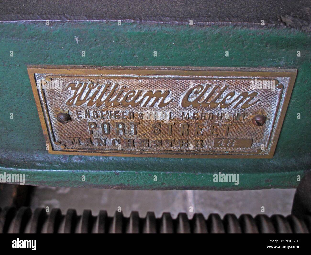 William Allen Messingplatte, Ancoats, Manchester, Union Iron Works, Port Street, Lancashire, England, Großbritannien Stockfoto