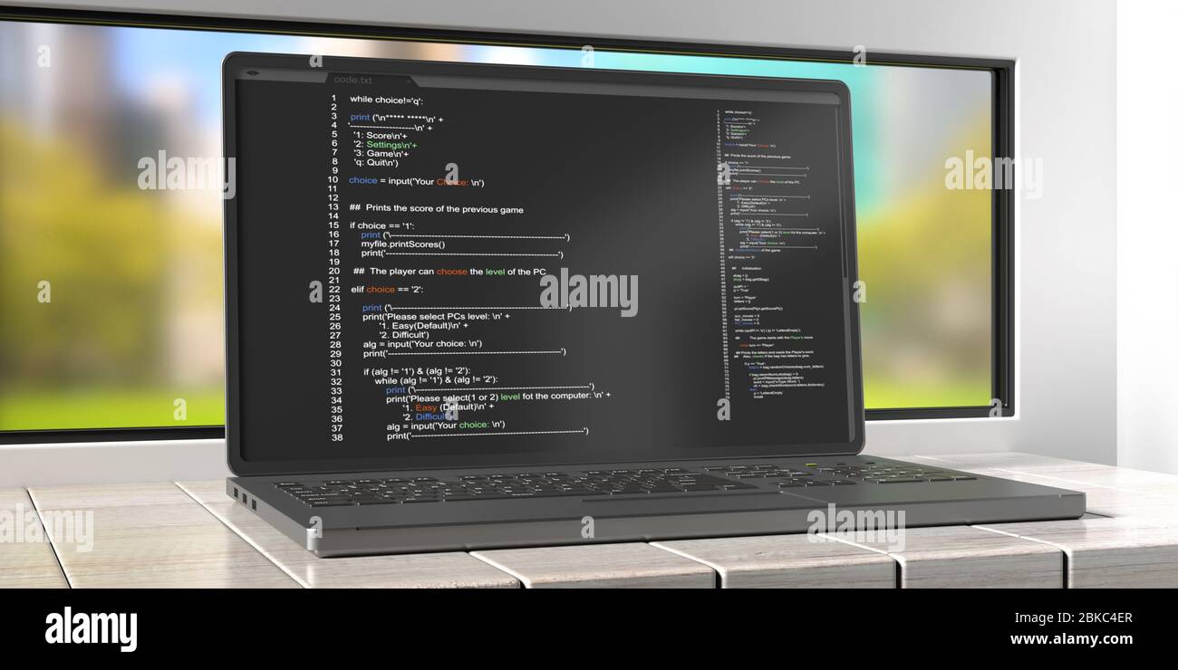 Programmierung Code, Software, Entwicklung von Codierungstechnologien Konzept. Code auf einem Laptop-Bildschirm auf einem Büroschreibtisch. 3d-Darstellung Stockfoto