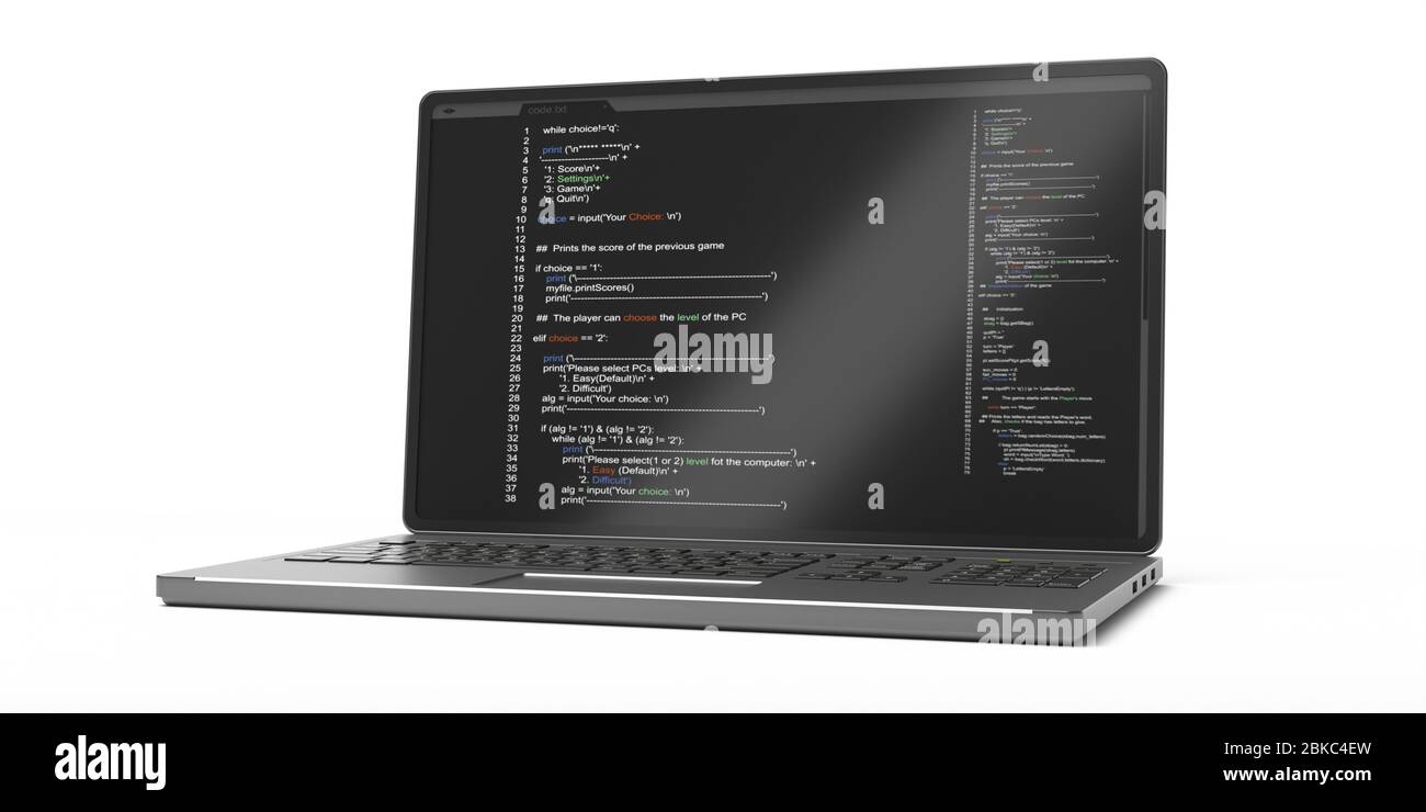 Programmierung Code, Software, Entwicklung von Codierungstechnologien Konzept. Code auf einem Computer-Laptop-Bildschirm isoliert vor weißem Hintergrund, Nahaufnahme. Stockfoto