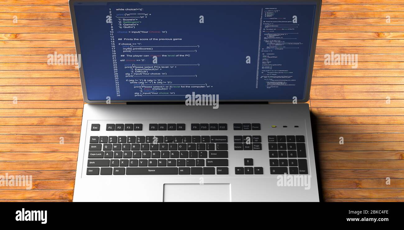 Programmierung Code, Software, Entwicklung von Codierungstechnologien Konzept. Code auf einem Laptop-Bildschirm, Hintergrund des hölzernen Büroschreibtisches. 3d-Darstellung Stockfoto