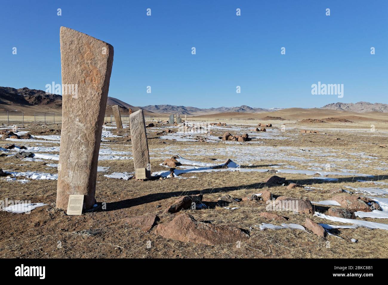 Hirschsteine sind uralte Megalithen, die in Sibirien und der Mongolei gefunden wurden. Der Name stammt von ihren geschnitzten Darstellungen von fliegenden Rehen. Stockfoto