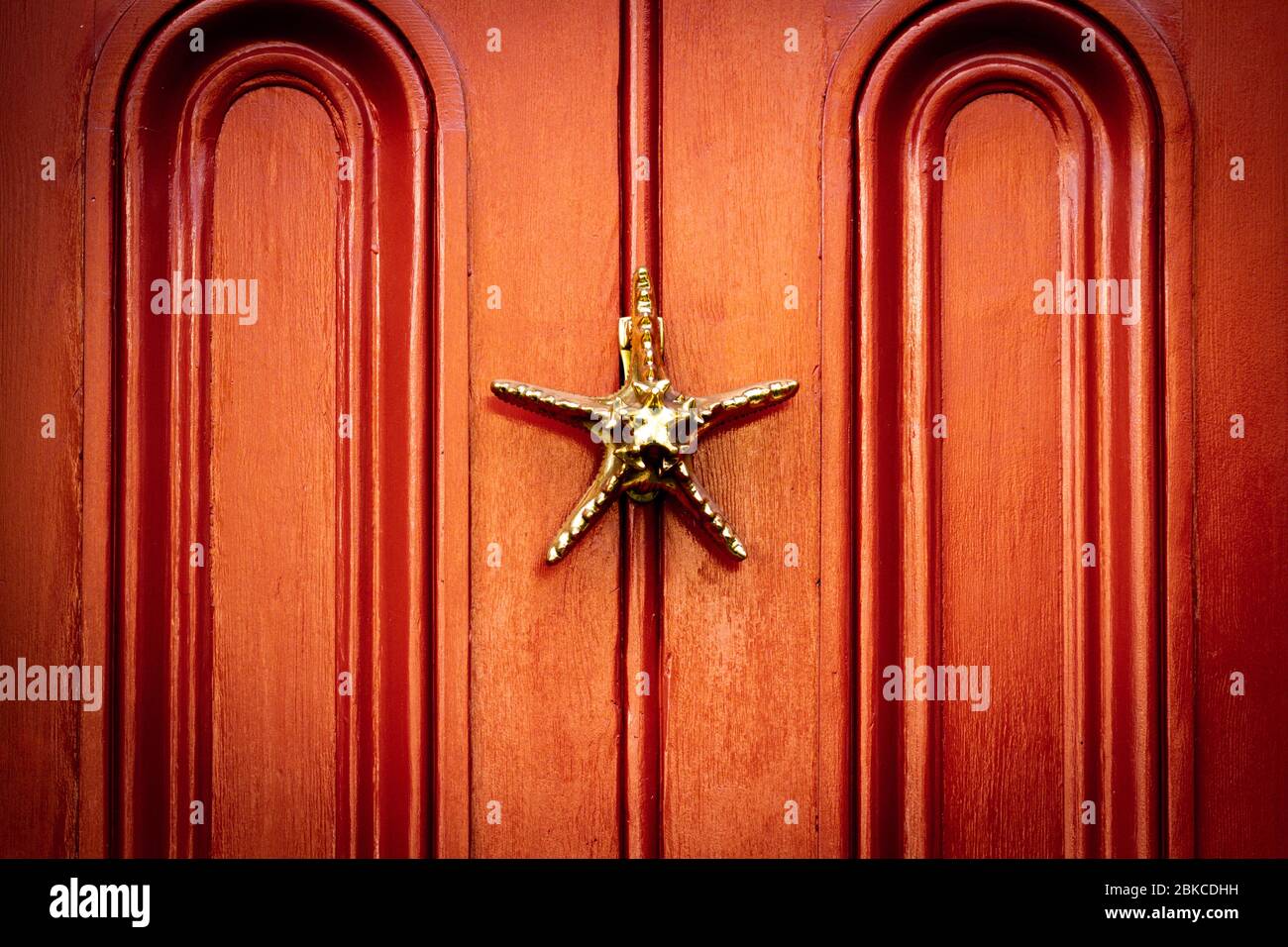 Goldenes Ornament eines Sternfischs als Türklopfer an einer Vordertür Stockfoto