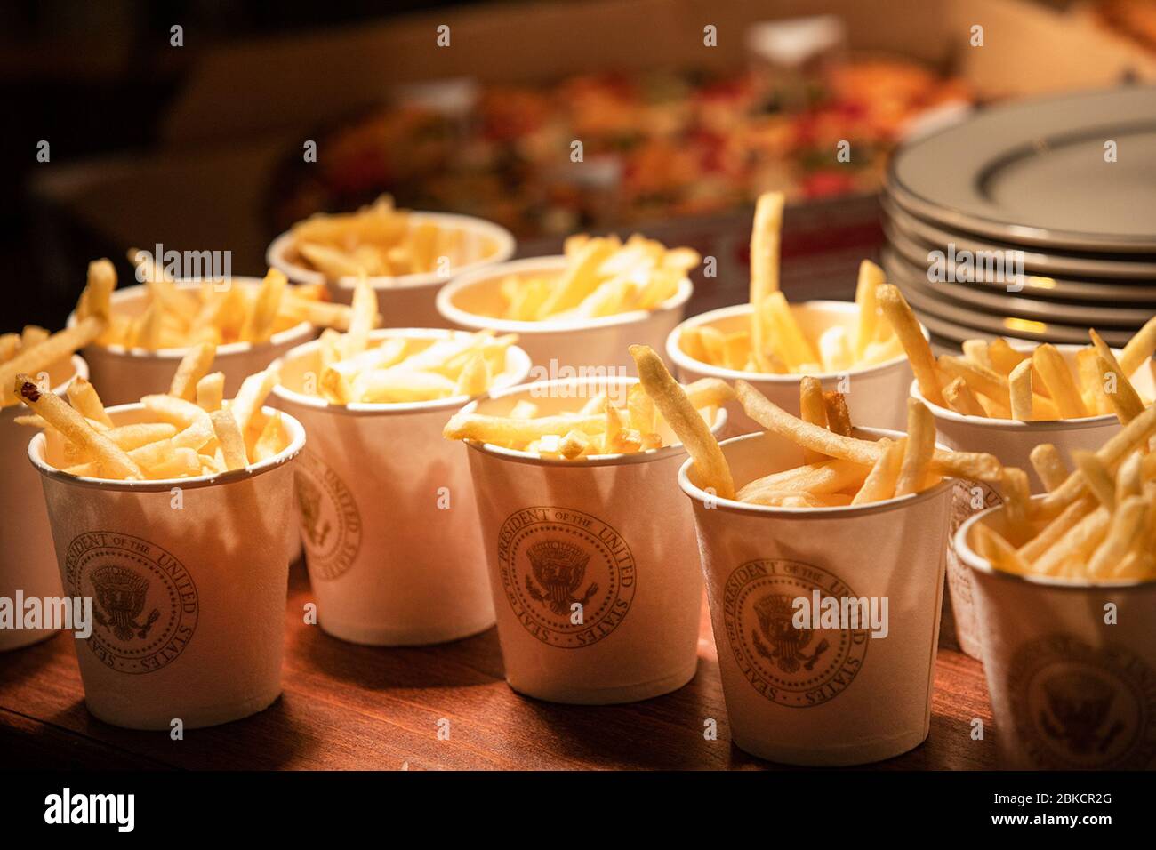 Am 14. Januar 2019 veranstaltete Präsident Donald J. Trump das Fußballteam Clemson Tigers im Weißen Haus, um ihren Sieg als NCAA Football National Champions 2018 zu feiern. Das Team wurde mit einer Mahlzeit von beliebten Fast-Food-Ketten verwöhnt. Stockfoto