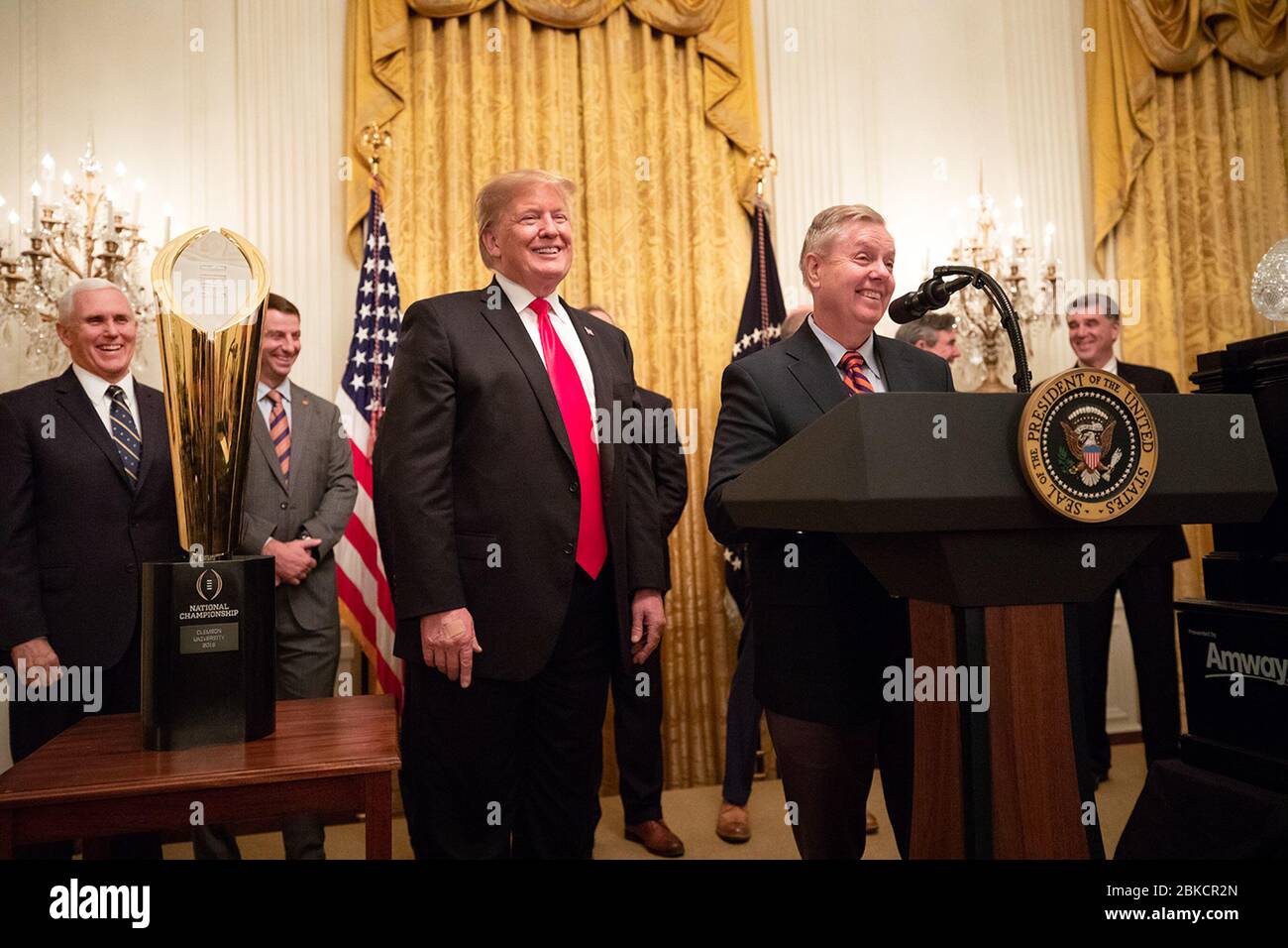 Am 14. Januar 2019 veranstalteten Senator Lindsey Graham und Präsident Donald J. Trump eine Feier im East Room des Weißen Hauses für die Clemson Tigers, 2018 NCAA College Football National Champions. Stockfoto