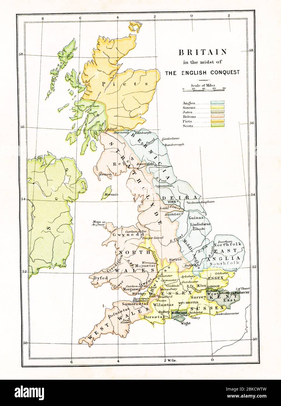 Diese Karte zeigt Großbritannien zu der Zeit, als es in der Mitte der englischen Eroberung war, vom fünften Jahrhundert A.D. bis zum 11. Jahrhundert A.D. das Blau stellt die Winkel dar; das Gelb, die Sachsen; das Grau, die Jutes; das Rosa, die Briten; das Orange, die Picts; Und das Grün, die Schotten. Stockfoto