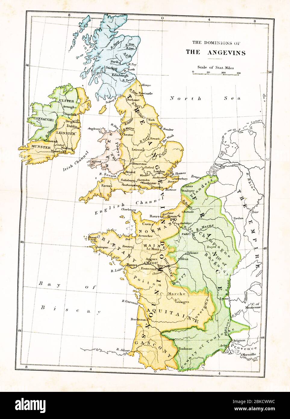 Diese Karte zeigt die Herrschaften der Angevins in Großbritannien. Die Angevins waren ein königliches Haus französischen Ursprungs, das England im 12. Und frühen 13. Jahrhundert regierte; seine Monarchen waren Heinrich II., Richard I. und John. Stockfoto