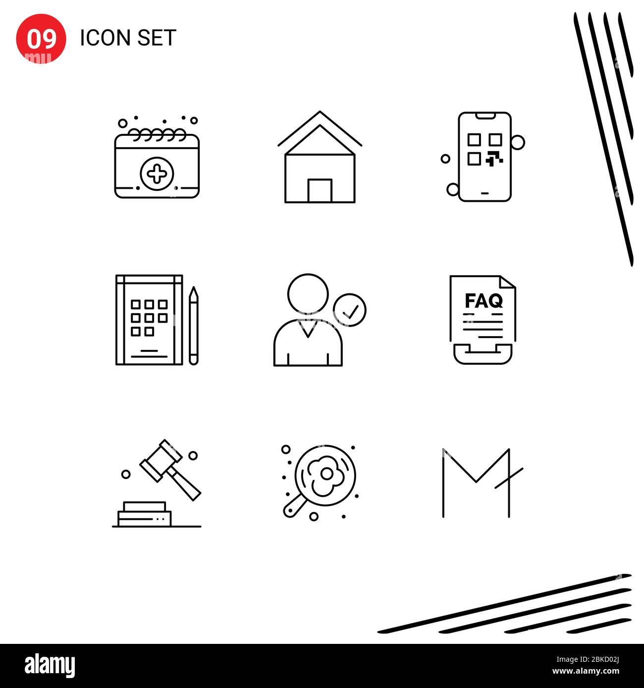Set von 9 Commercial Outlines Pack für Verwendung, Check, Wachstum, Notizen, Buch editierbare Vektor-Design-Elemente Stock Vektor