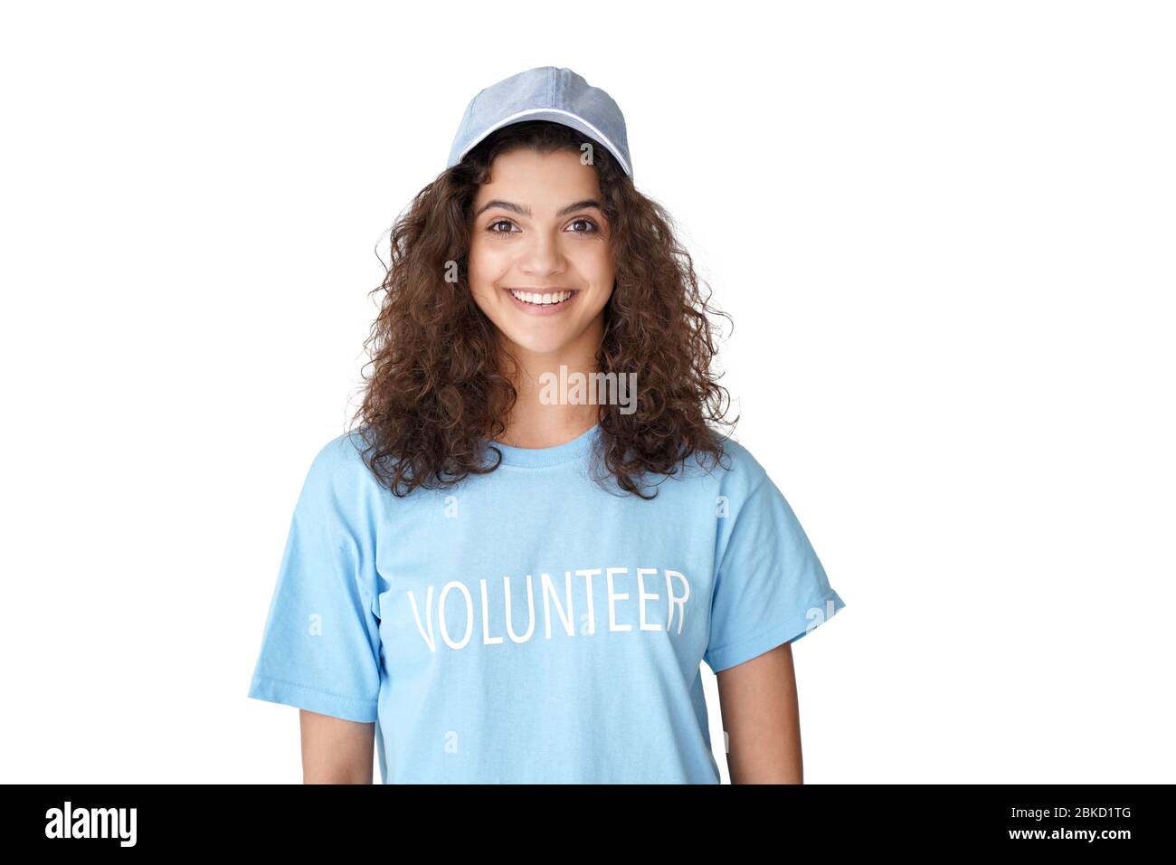 Glücklich junge hispanic Mädchen Freiwillige Blick auf Kamera isoliert auf weißem Hintergrund. Stockfoto