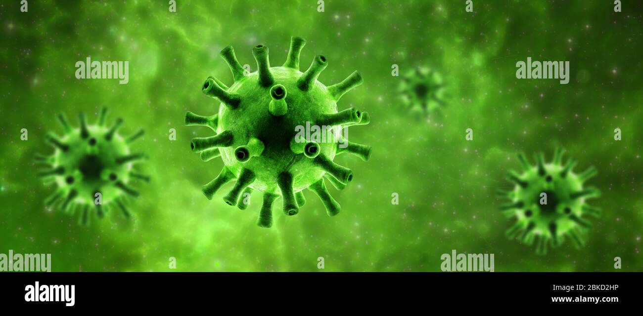 Coronavirus oder Influenza-Superbug in der Zelle, digitale Ansicht des SARS-CoV-2 Corona-Virus auf grünem Hintergrund, 3d-Rendering. Banner mit COVID-19 PAN-Konzept Stockfoto