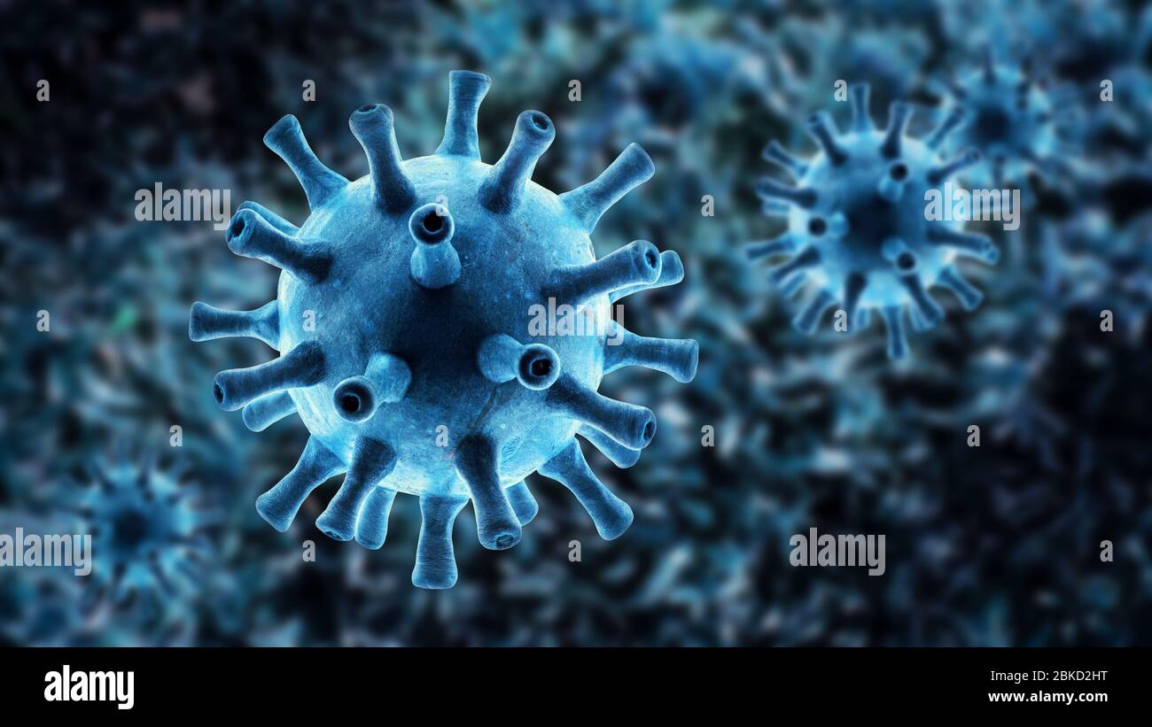 Coronavirus Keime in der Zelle, mikroskopische Ansicht des SARS-CoV-2 Corona Virus im Organismus, 3d-Rendering. Konzept des weltweiten Coronavirus Ausbruch, medizinisch Stockfoto