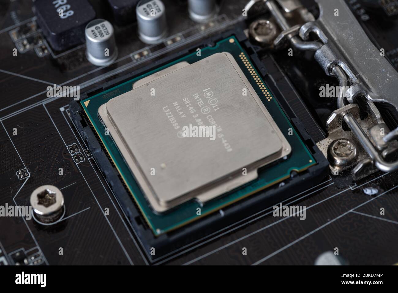 Der Prozessor ist ein kleiner Chip, der in Computern und anderen elektronischen Geräten steckt Stockfoto