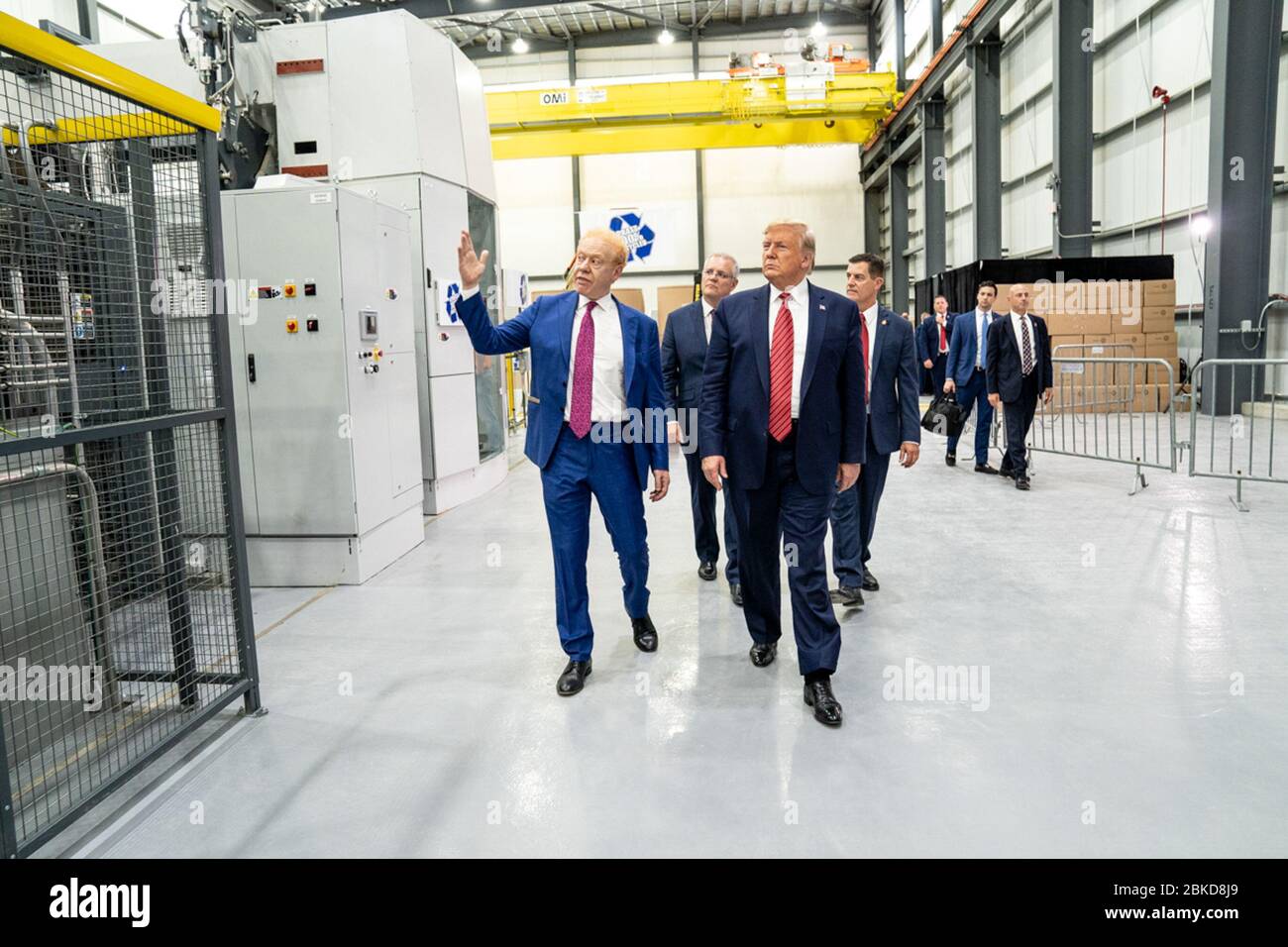 Am 22. September 2019 besuchten Präsident Donald Trump und der australische Premierminister Scott Morrison Pratt Industries in Wapakoneta, Ohio, um über Handelsbeziehungen und die Produktion zu diskutieren. Stockfoto