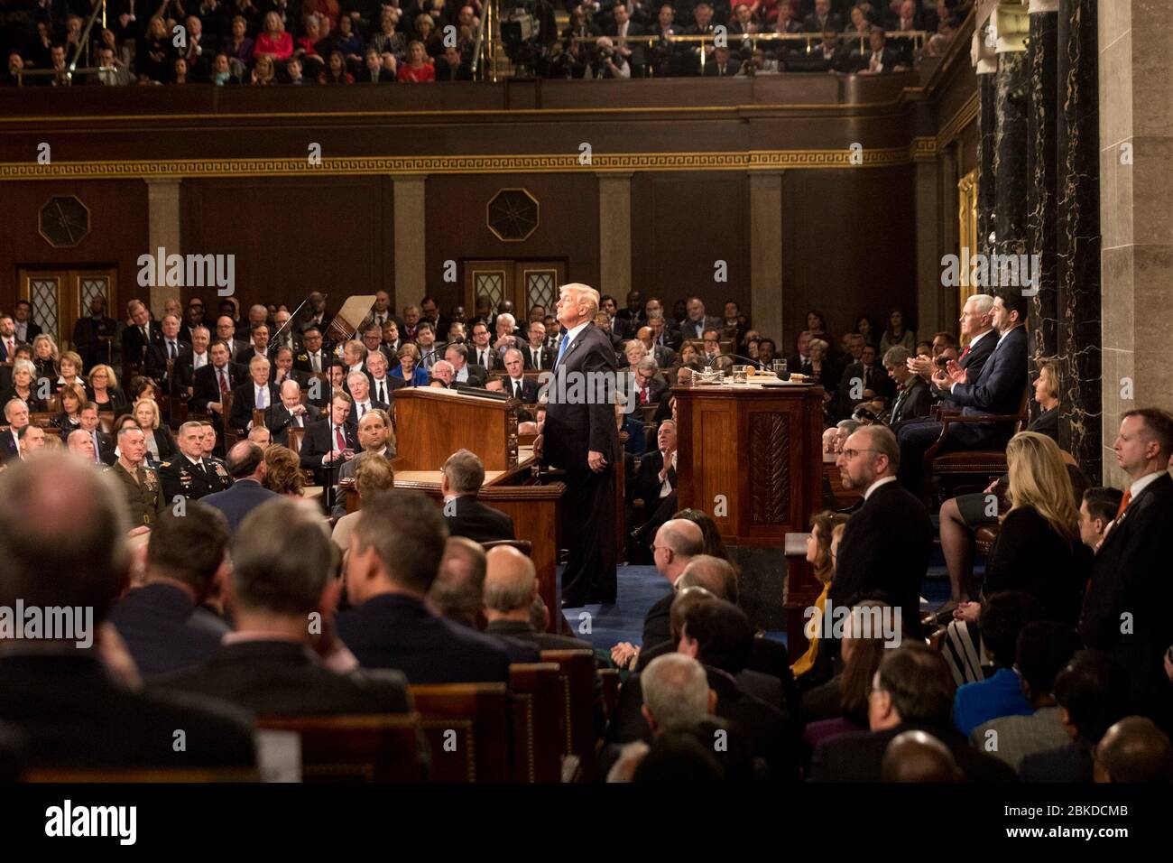 In der Rede zur Lage der Union von 2018 wurden zentrale nationale Fragen hervorgehoben, darunter Wirtschaftswachstum, Infrastrukturentwicklung und Sicherheit. Die Rede bot eine Plattform für die Erörterung der Prioritäten der USA und der innenpolitischen Errungenschaften. Stockfoto