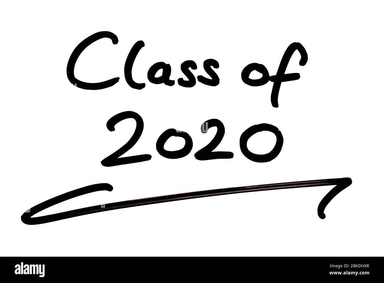 Klasse von 2020 handgeschrieben auf weißem Hintergrund. Stockfoto