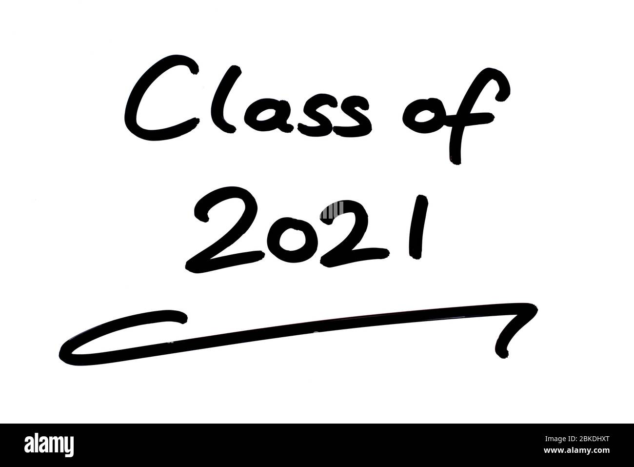 Klasse von 2021 handgeschrieben auf weißem Hintergrund. Stockfoto