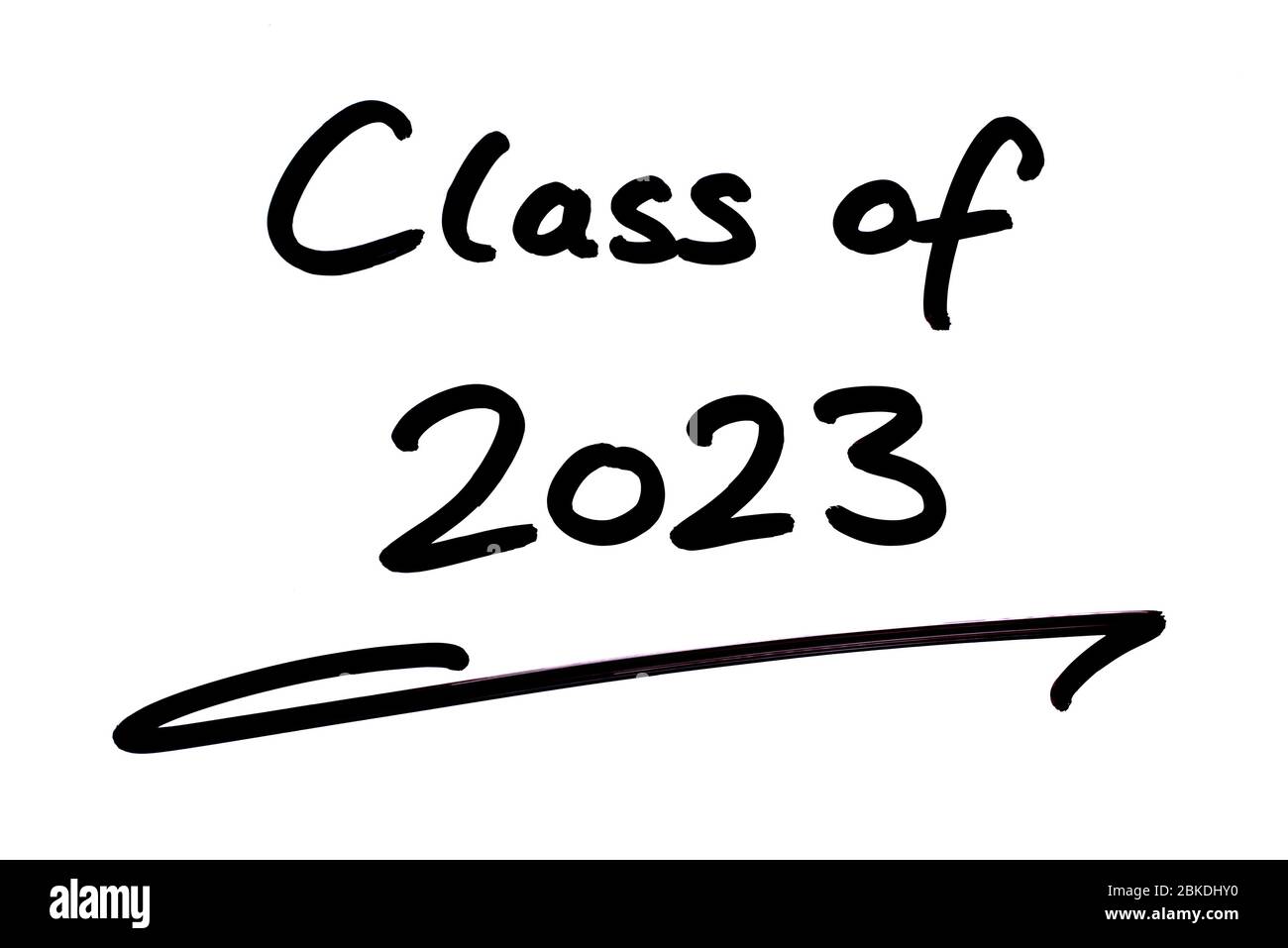 Klasse von 2023 handgeschrieben auf weißem Hintergrund. Stockfoto