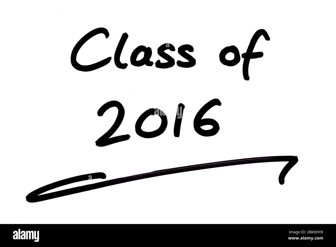 Klasse von 2016 handgeschrieben auf weißem Hintergrund. Stockfoto