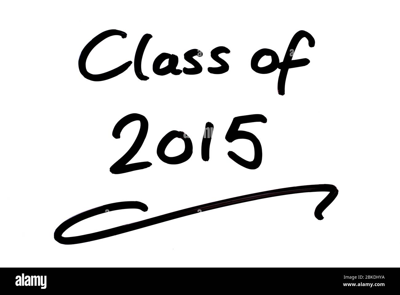Klasse von 2015 handgeschrieben auf weißem Hintergrund. Stockfoto