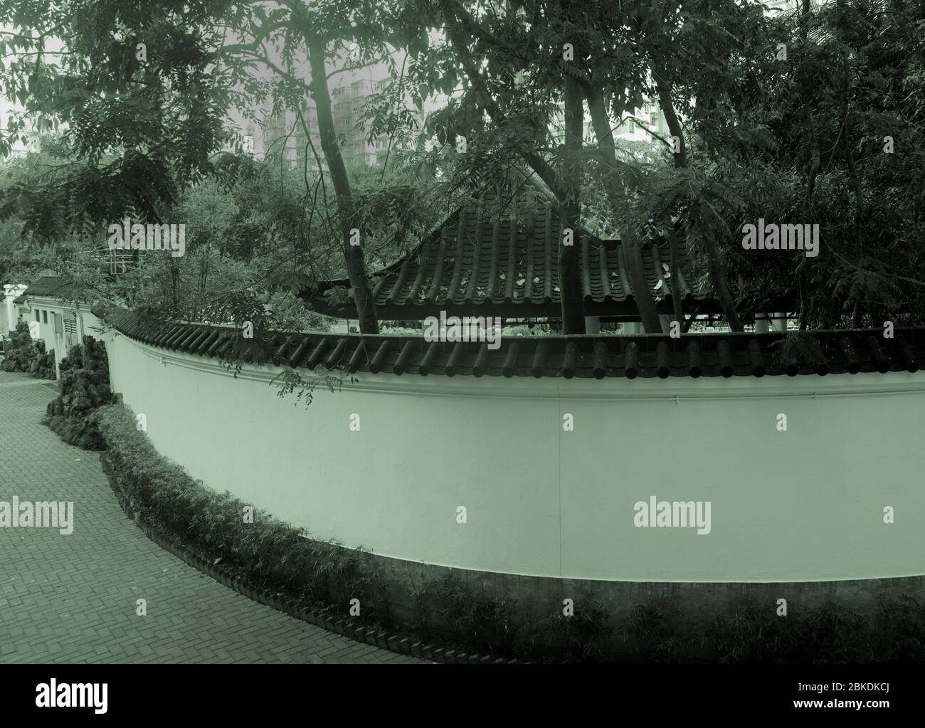 Lange geschwungene weiße Wand des chinesischen Gartens Stockfoto