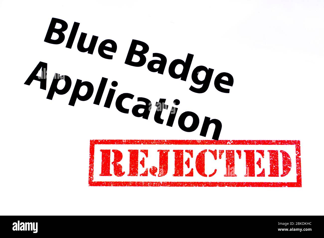 Blaue Badge Application Überschrift mit einem ROTEN Gummistempel ABGELEHNT. Stockfoto