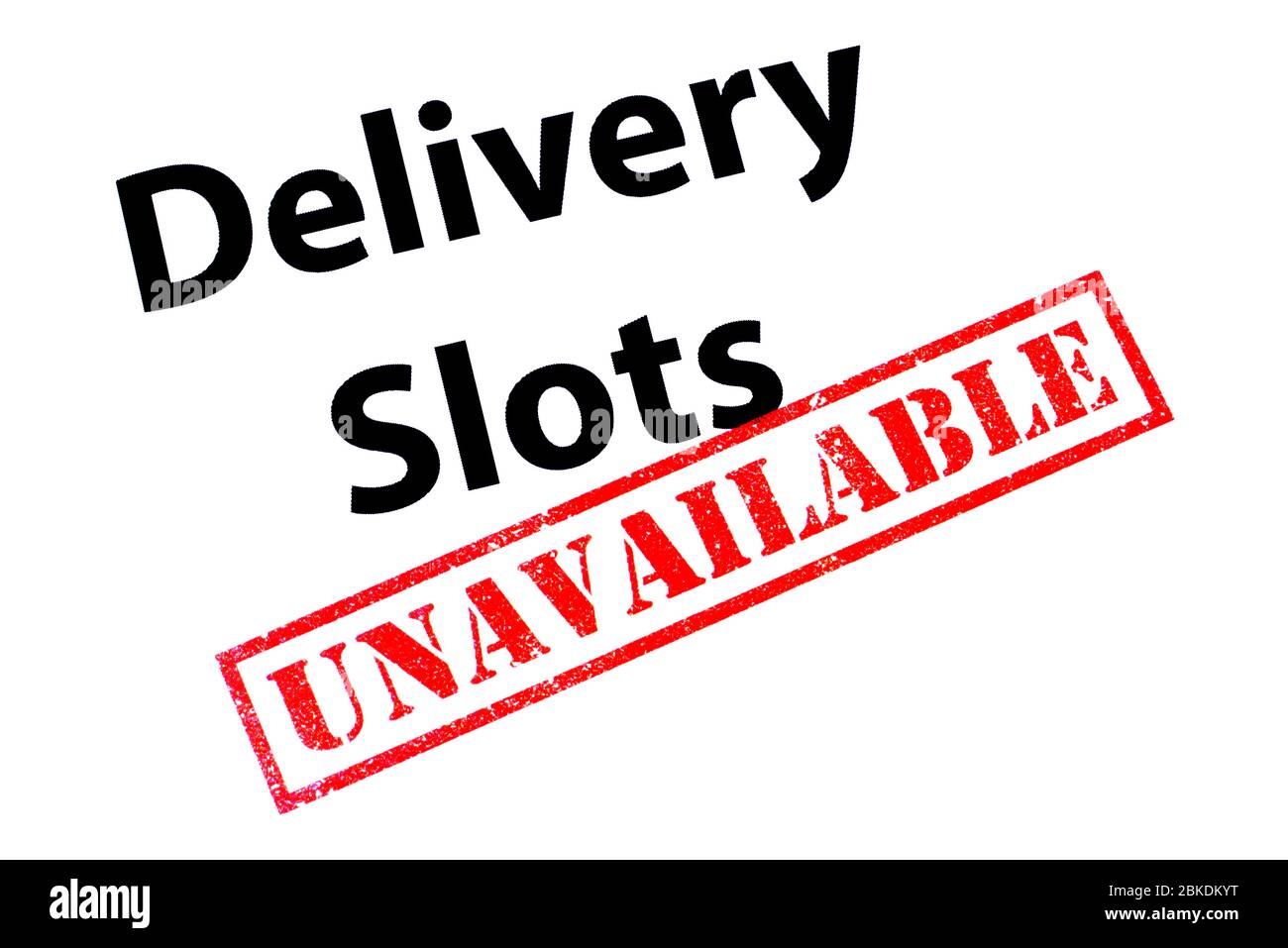 Delivery Slots Überschrift mit einem roten NICHT VERFÜGBAREN Stempel. Stockfoto