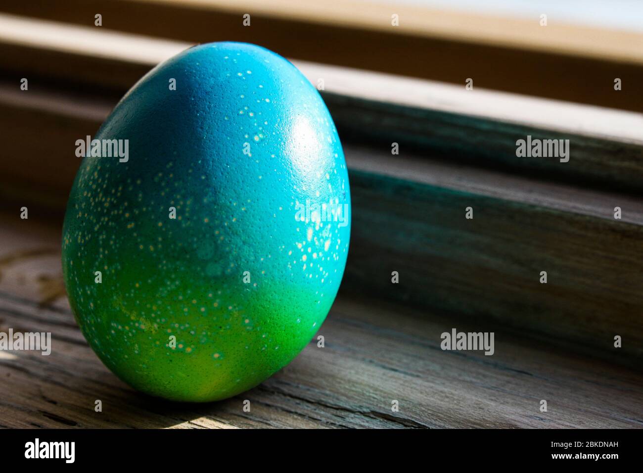 Leuchtend gefärbtes blaues Ei für ostern Konzept auf alten Holzfenster platziert Stockfoto