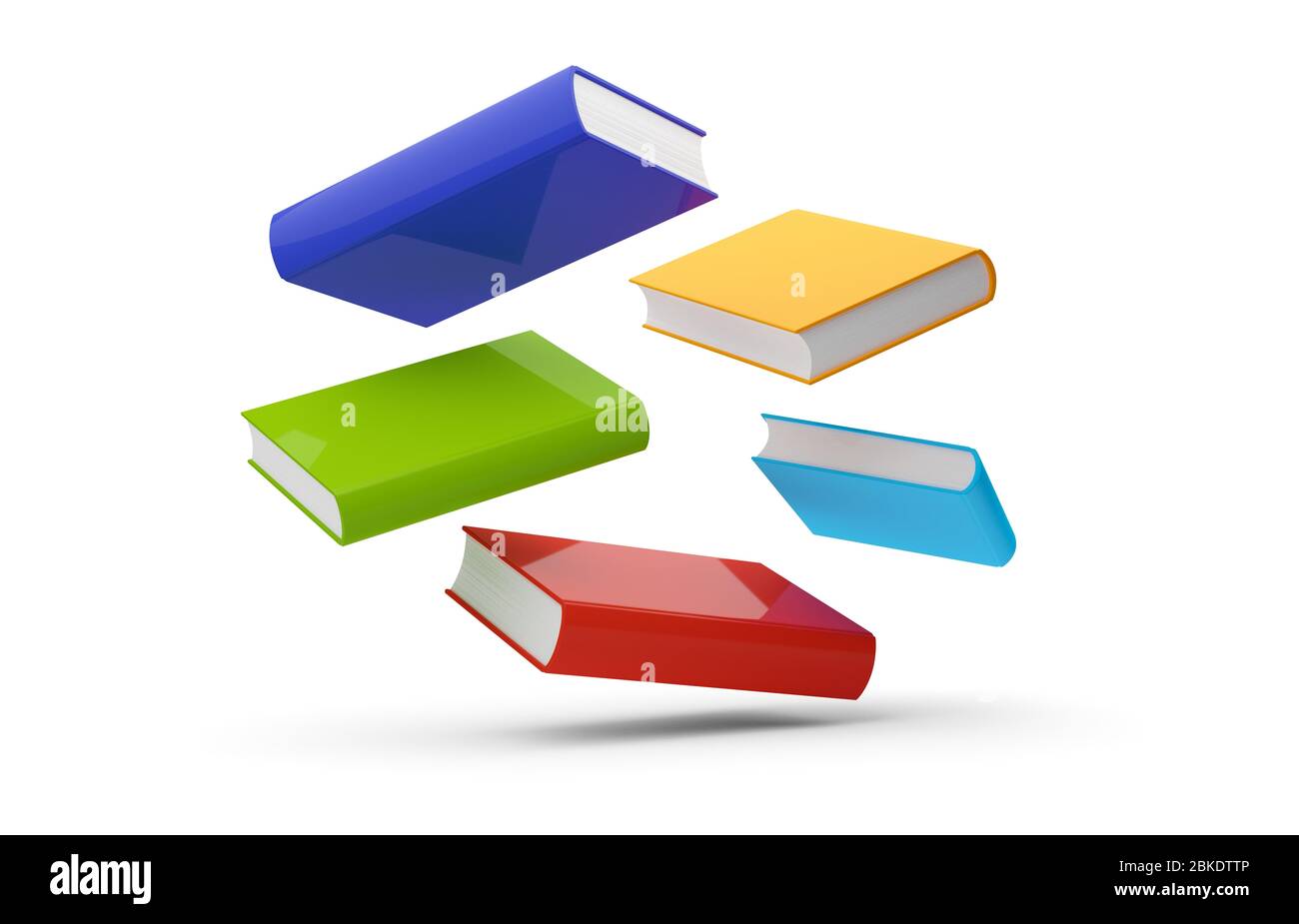 Blaue, rote, grüne und gelbe Hardcover-Bücher fliegen über weißem Hintergrund - 3D-Illustration Stockfoto