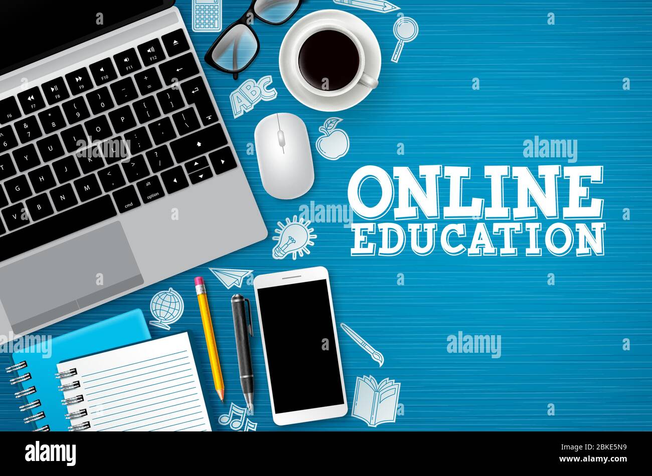 Online-Banner für E-Learning-Kurse. E-Learning Online-Bildungstext mit Schule und digitalen Geräten wie Laptop und Handy in blau Stock Vektor