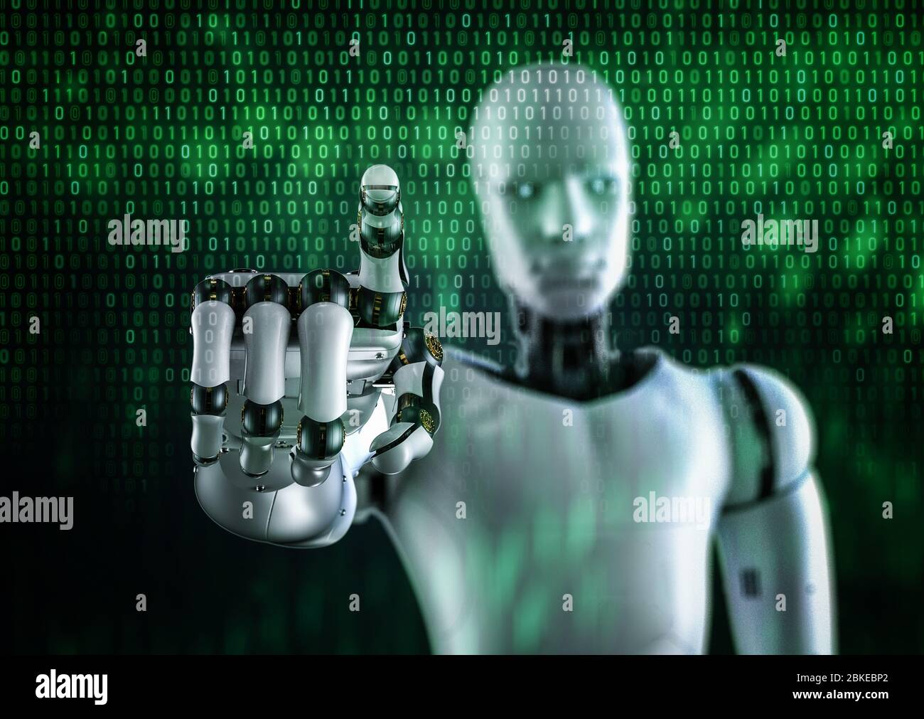 3d Rendering Cyborg oder Roboter Finger Point mit leuchtendem Licht auf grünen binären Hintergrund Stockfoto