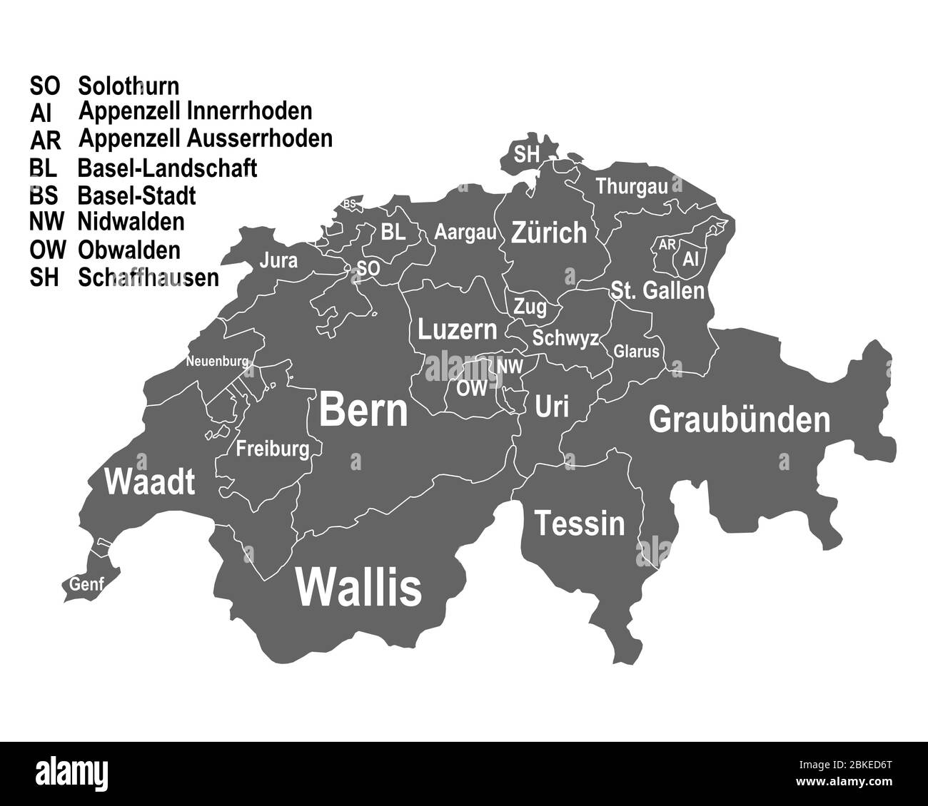 Karte der Schweiz mit allen Kantonen Stockfoto