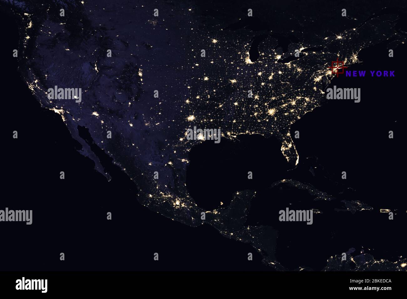 Hochauflösende Karte Zusammenstellung der USA bei Nacht, die New York City zeigen - Elemente dieses Bildes, die von der NASA bereitgestellt wurden Stockfoto