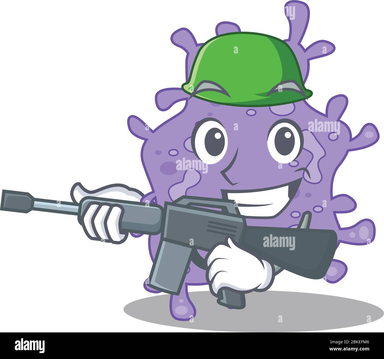 Ein Cartoon-Bild von Staphylococcus aureus im Army-Stil mit Maschinengewehr Stock Vektor