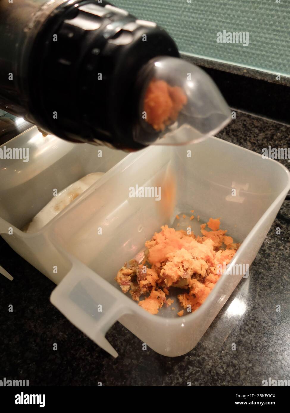 Karottensaftvorbereitung mit dem Saftextraktor Stockfoto