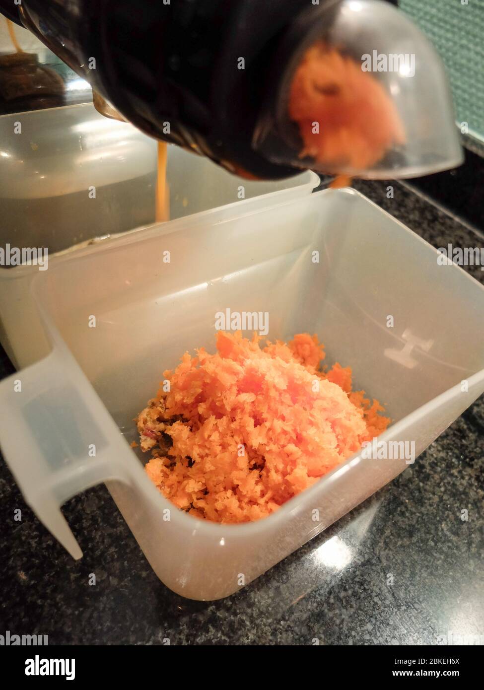 Karottensaftvorbereitung mit dem Saftextraktor Stockfoto