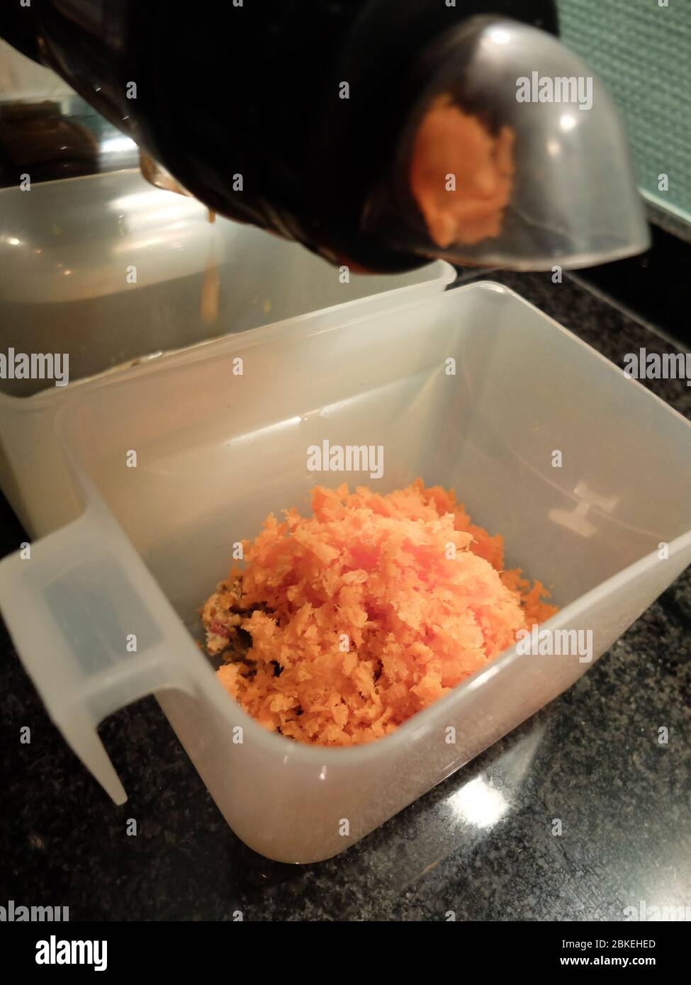 Karottensaftvorbereitung mit dem Saftextraktor Stockfoto