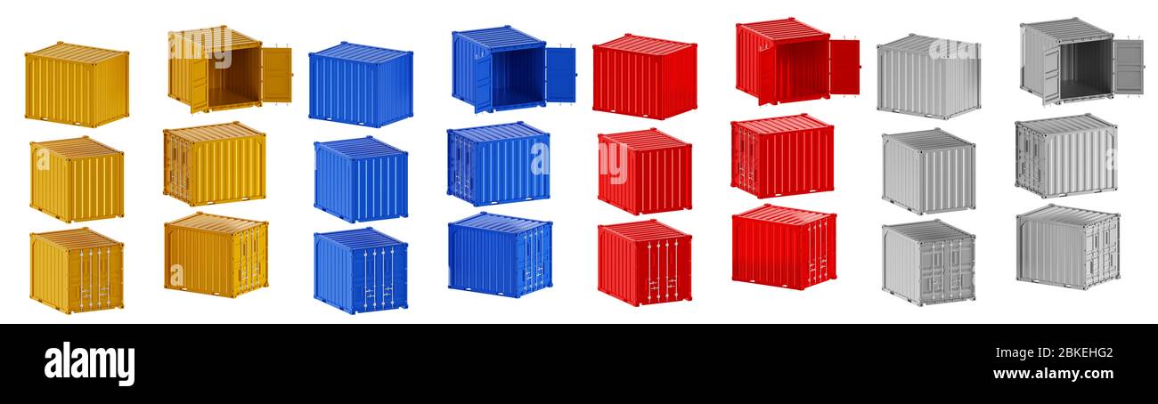 Ein hochwertiges Bild von 10ft Versandcontainern auf weißem Hintergrund mit Beschneidungspfad. Set zehn Fuß Seeschifffahrt Container 3d-Rendern Stockfoto