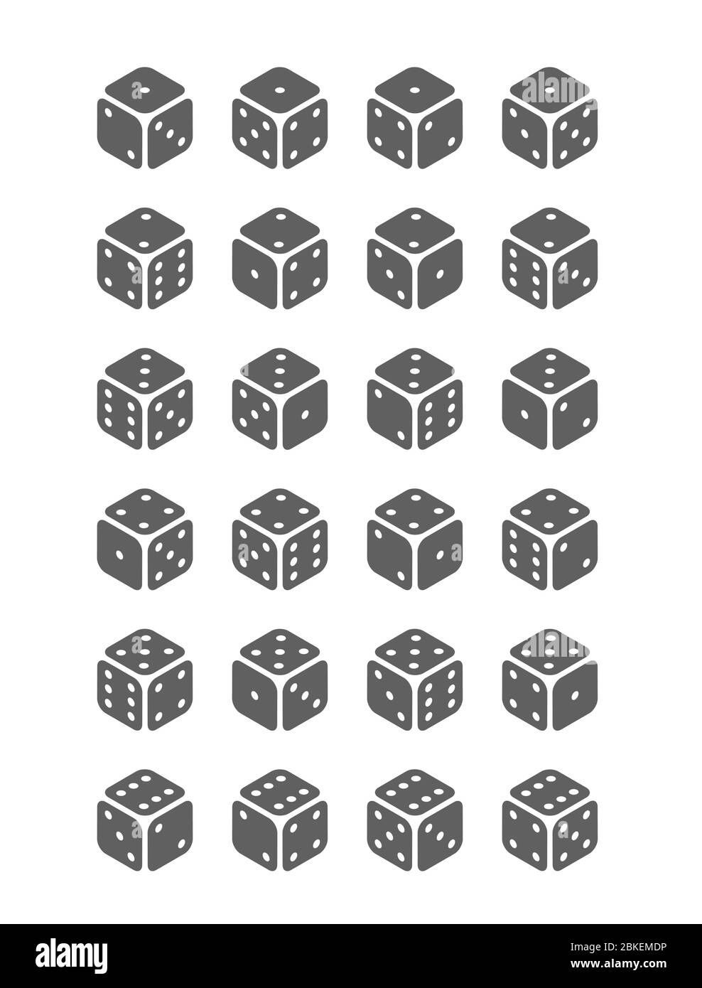 Satz von grauen Spielwürfeln isoliert auf weißem Hintergrund, alle möglichen Würfel dreht sich in isometrischer Ansicht Stock Vektor