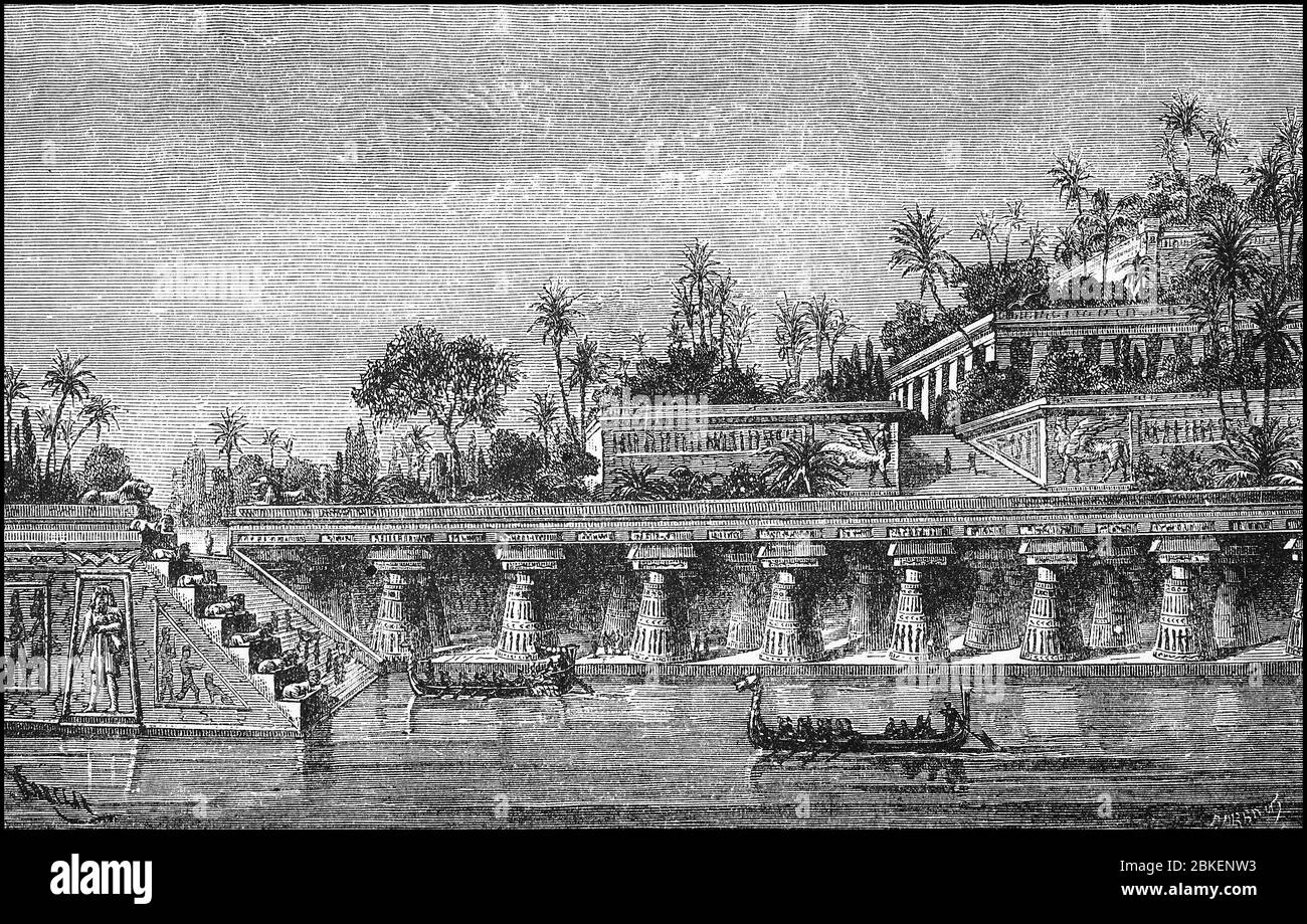 Hängegärten Babylons, die Hängegärten Babylons genannt, waren Berichten zufolge aufwendige Gärten in Babylon am Euphrat, du warst eines der sieben Wunder der alten / Hängenden Gärten der Semiramis, auch die Hängenden Gärten von Babylon genannt, Waren nach den Bereichen eine aufverwendete Gartenanlage in Babylon am Euphrat, Sie zählten zu den sieben Weltwerken der Antike, historisch, historisch, digital verbesserte Reproduktion eines Originals aus dem 19. Jahrhundert / digitale Reproduktion einer Originalvorlage aus dem 19. Jahrhundert, Stockfoto