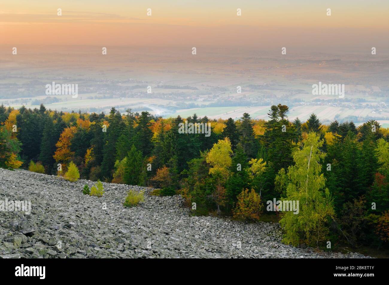 Wald in Herbstfarben auf einem steinigen Hügel von Lysa Gora (Kahlen Berg). Landschaftlich reizvolle Landschaft des Swietokrzyskie Gebirges, Polen. Stockfoto