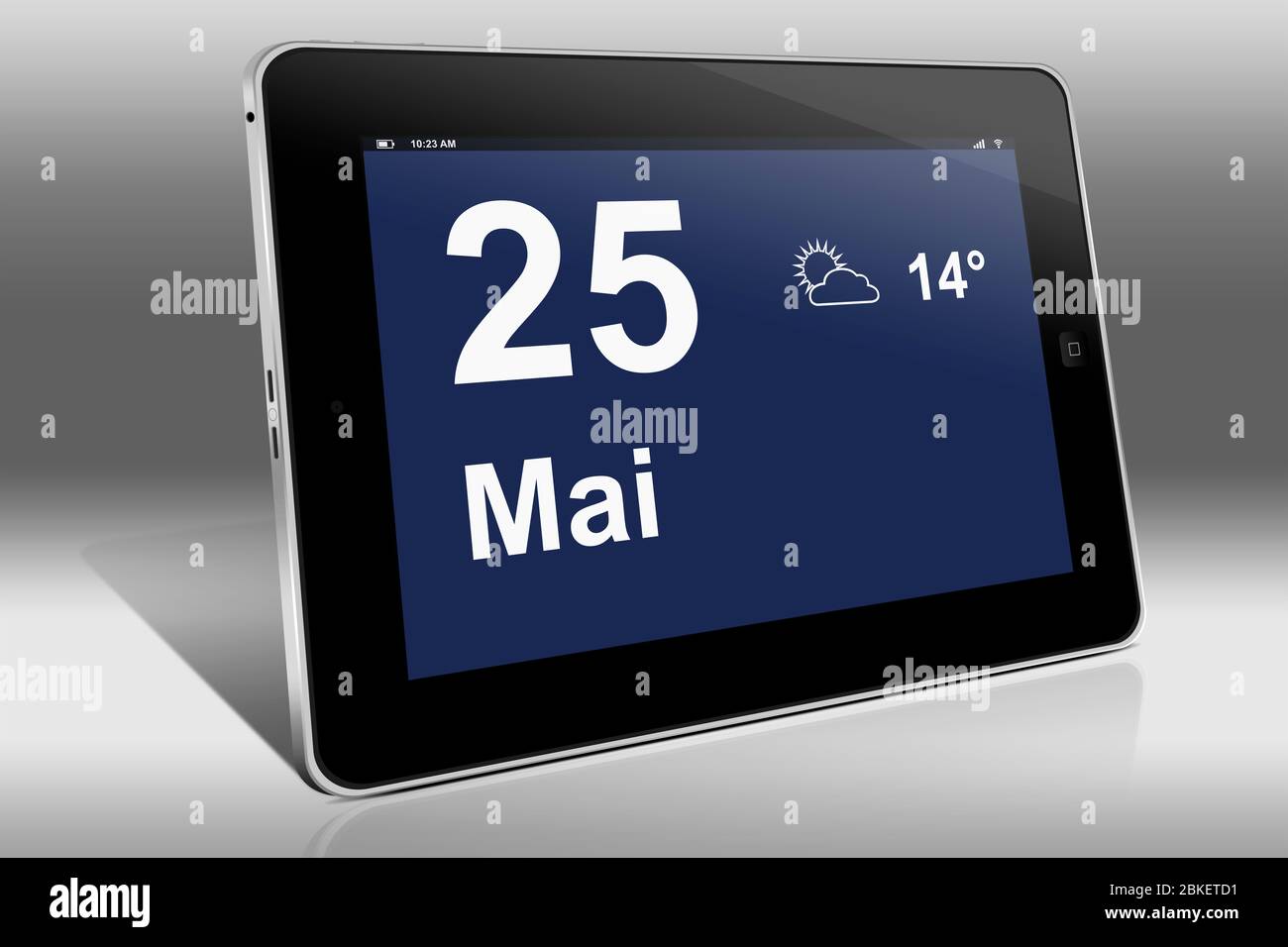 Ein Tablet-Computer zeigt einen Kalender in deutscher Sprache mit dem Datum 25. Mai an. Ein Tablet-Computer zeigt das Datum 25. Mai Stockfoto