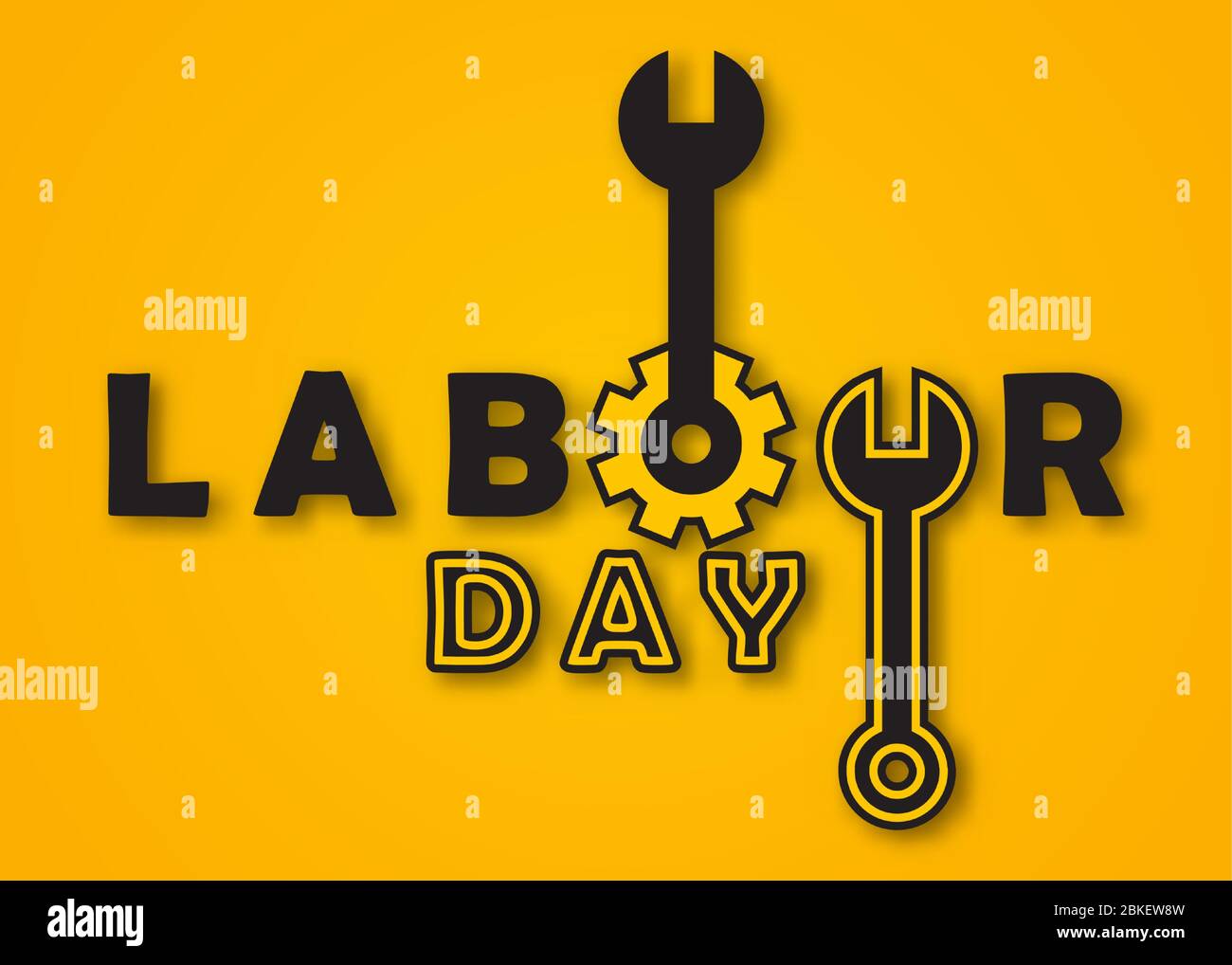 Happy Labor Day Poster oder Banner-Design in Gelb und Schwarz. 1. Mai Internationaler Tag Der Arbeit. Grußkarten mit Abbildungen von Schraubenschlüsseln und Zahnrädern. Stock Vektor