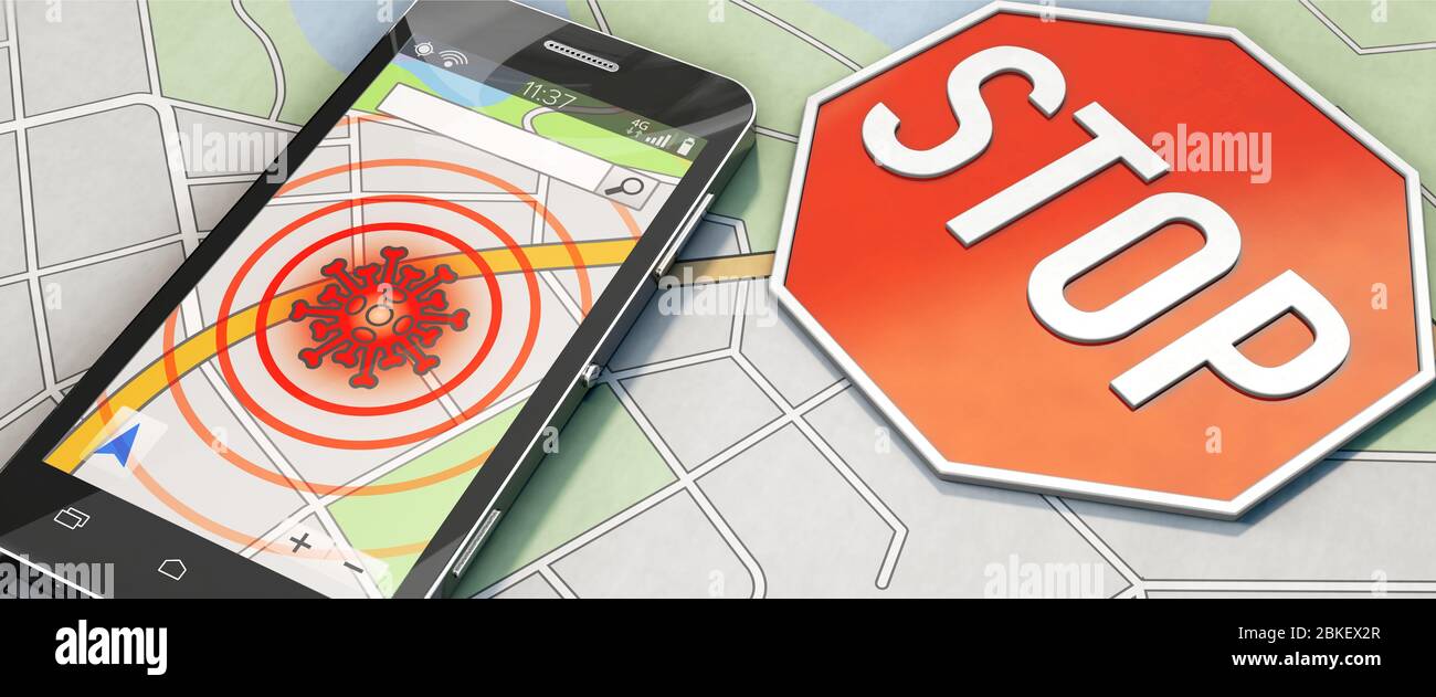 Corona, App, Trackig, Corona-App, Tracking-App, überwachen, Handy, Tracing, Coronavirus, Smartphone, Warnung, Stadt, stop, Telefon, Tracing-App, Ort, Stockfoto
